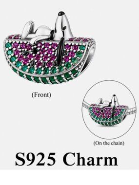 S925 Sterling Silver Snoopy Dog Green Watermelon Pendant Charm Bracelet Necklace
